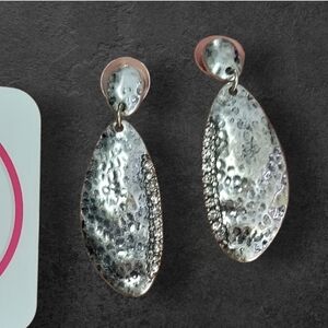NWT NADINE WEST Hammered Silver Rhinestone Drop Earrings ~1 3/4"